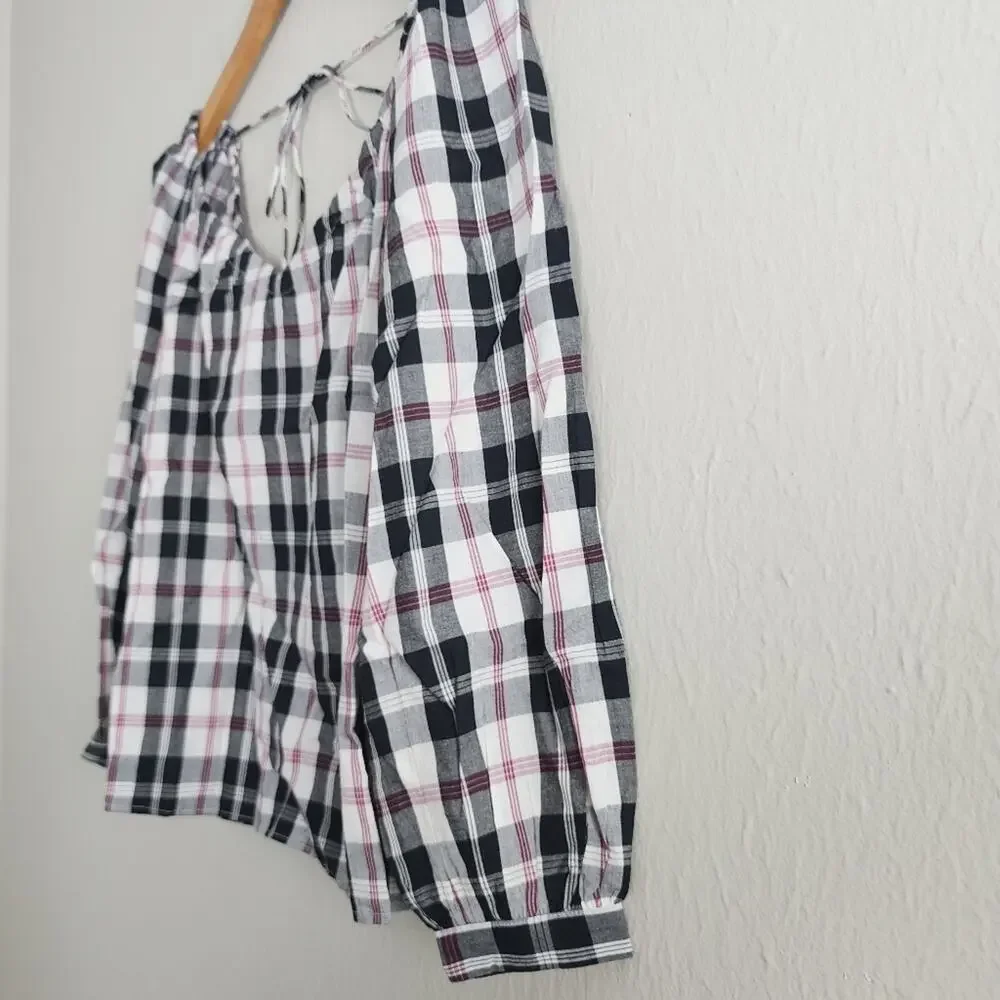 J. Crew Black Plaid V-Neck Open Back Tie Top - XS NWT Checkered Blouse BL093
